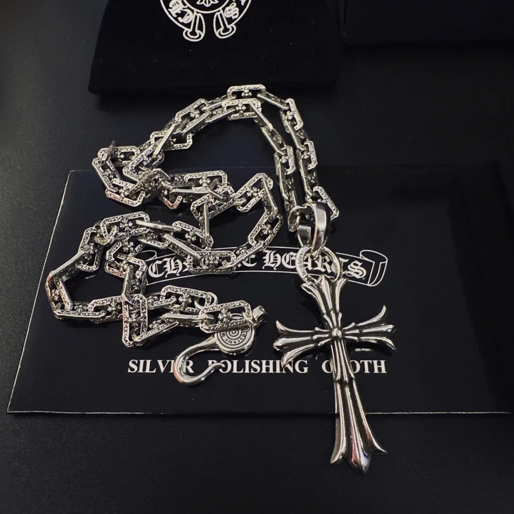 Chrome Hearts Silver Fleur Cross Necklace